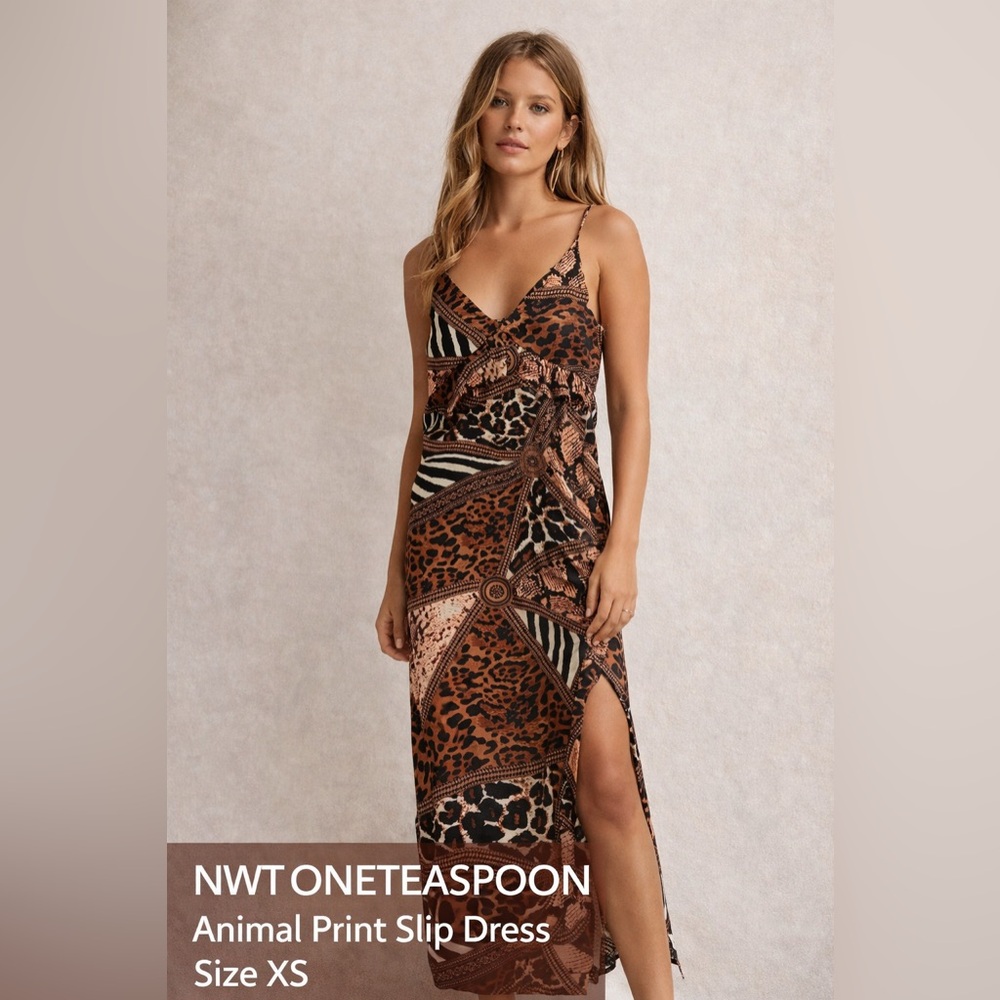 ONETEASPOON Animal Print Slip Dress XS NWT Maxi Side Slit - Picture 9 of 9